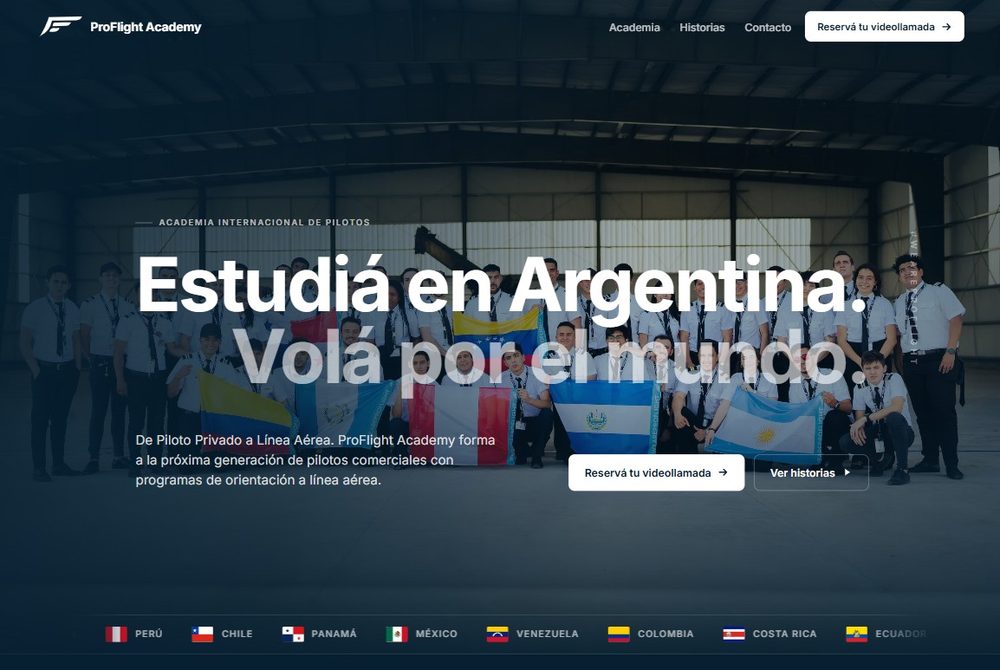 Captura real del sitio de ProFlight Academy